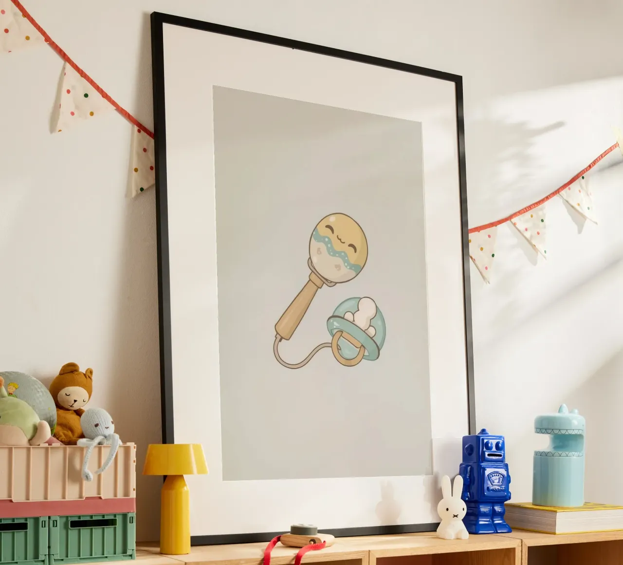 Sonaglio e ciuccio per neonati - Arte per l'infanzia poster da DesignDoodle