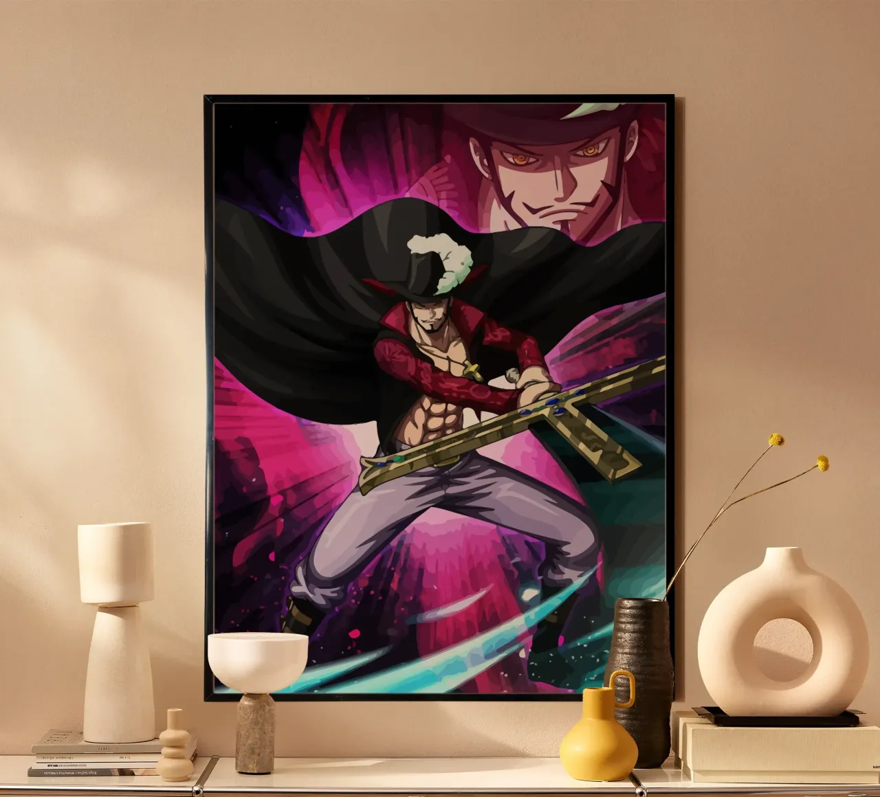 Black Mihawk One Piece poster con telaio in plastica da Dumery Art