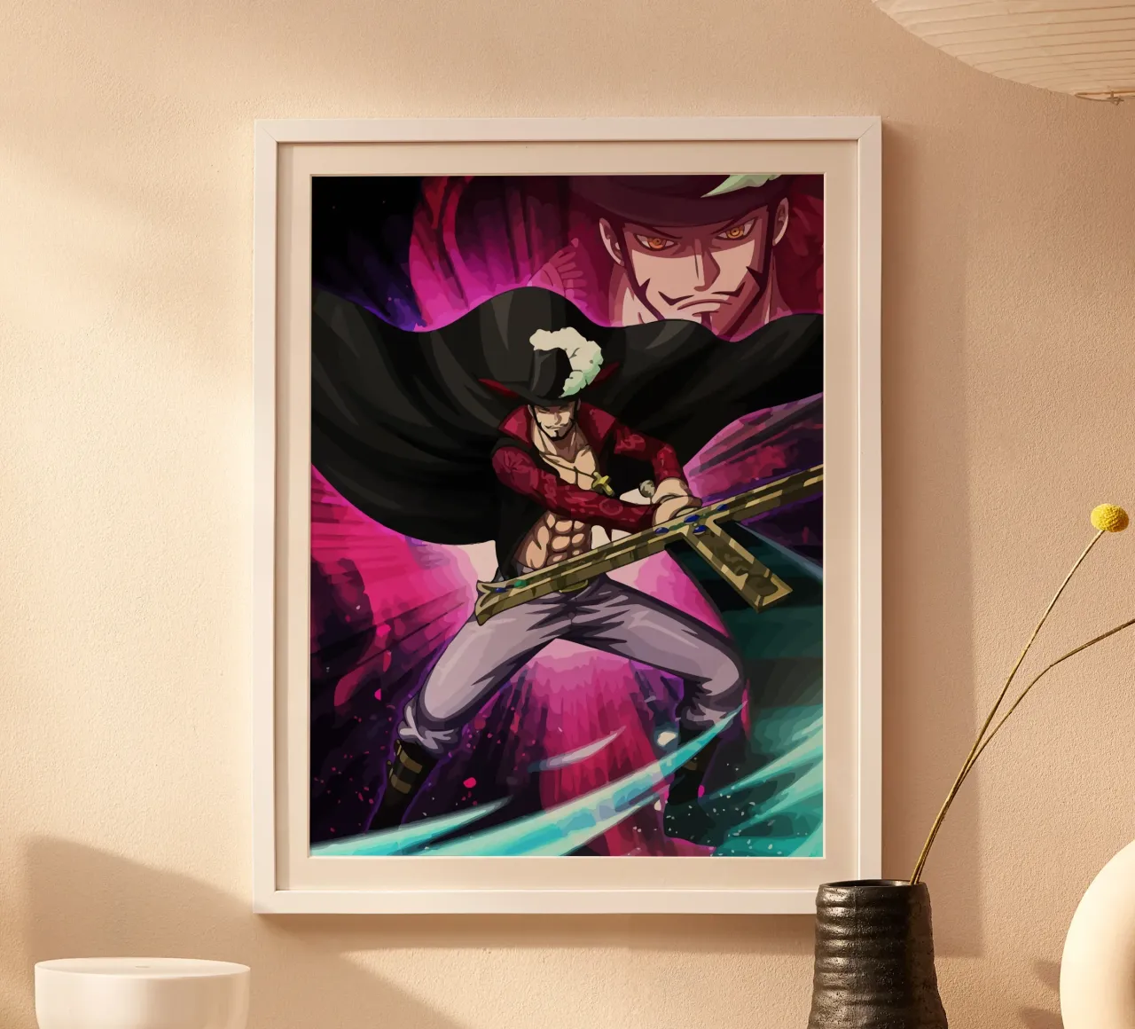 Black Mihawk One Piece poster con telaio in plastica da Dumery Art