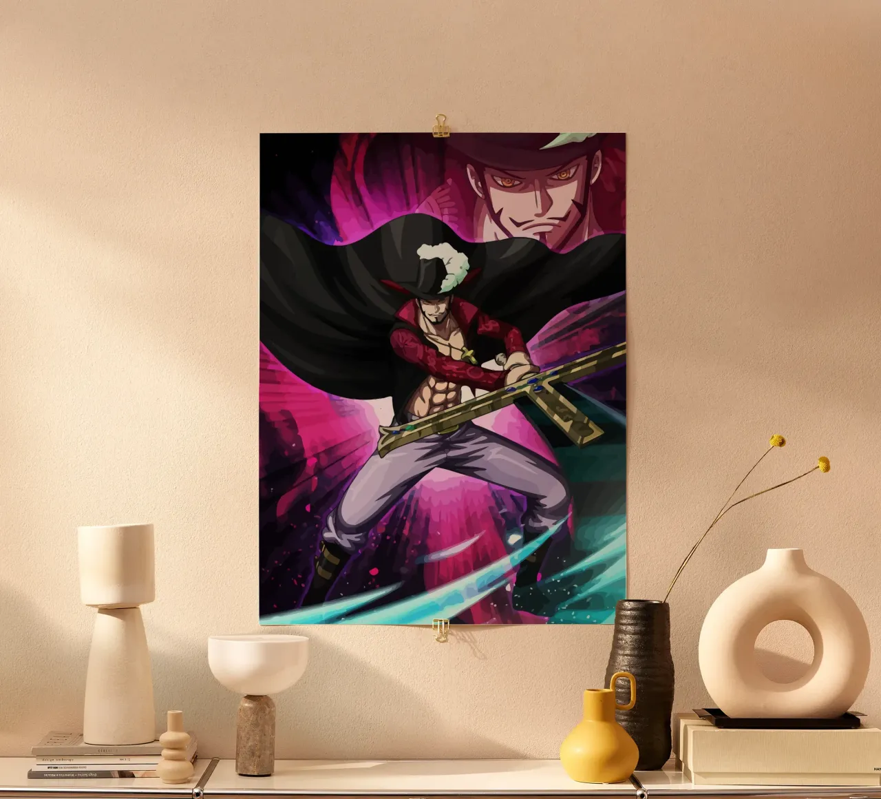 Black Mihawk One Piece poster con telaio in plastica da Dumery Art