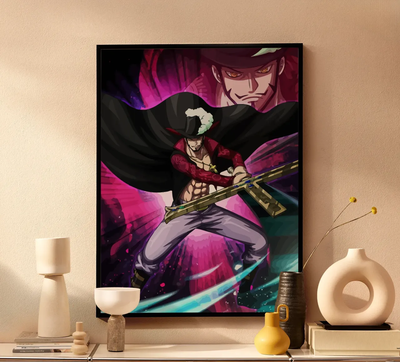 Black Mihawk One Piece poster con telaio in plastica da Dumery Art