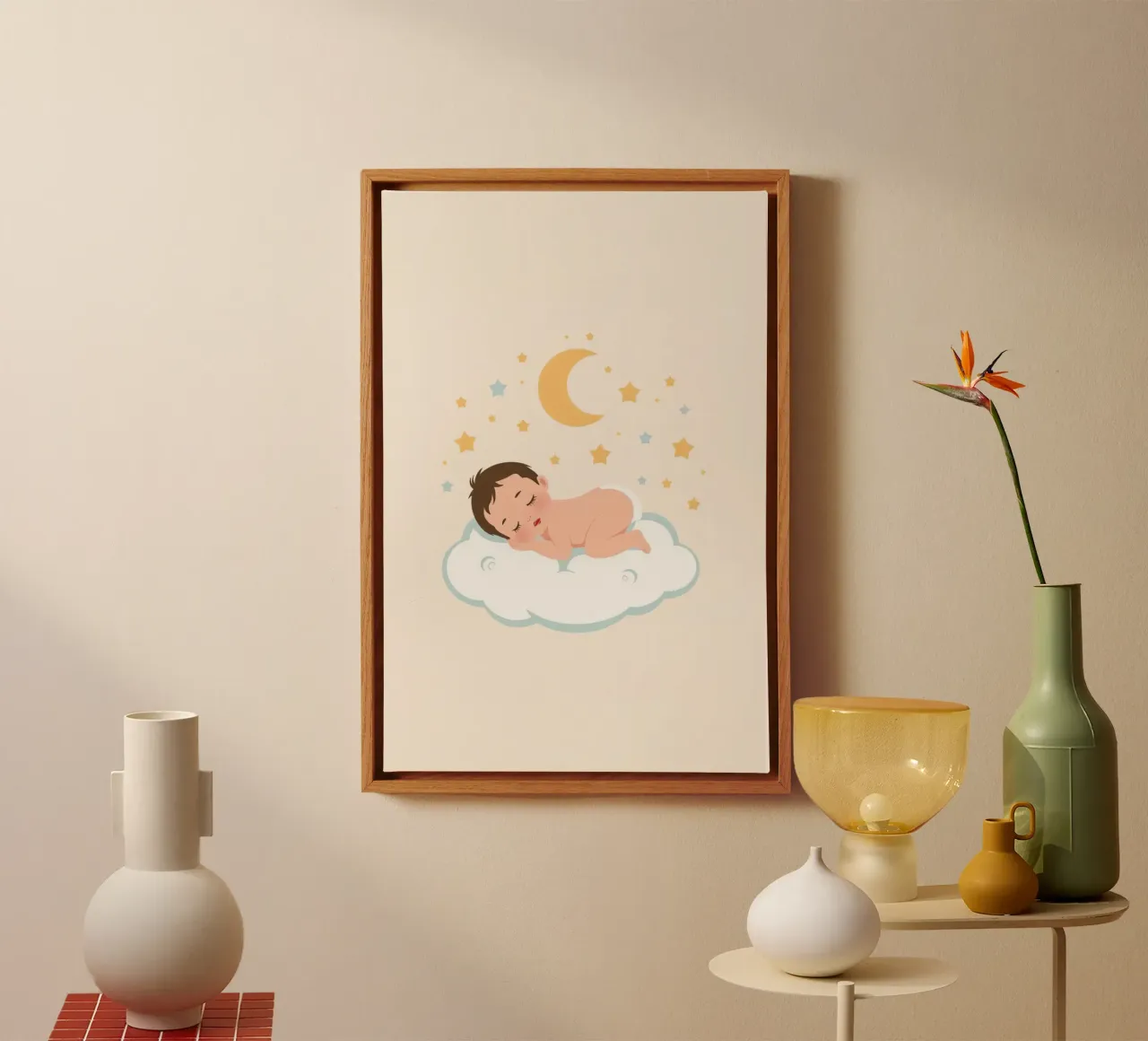 Bambino carino che dorme su una nuvola con luna e stelle tela con Cornice a cassetta da DesignDoodle