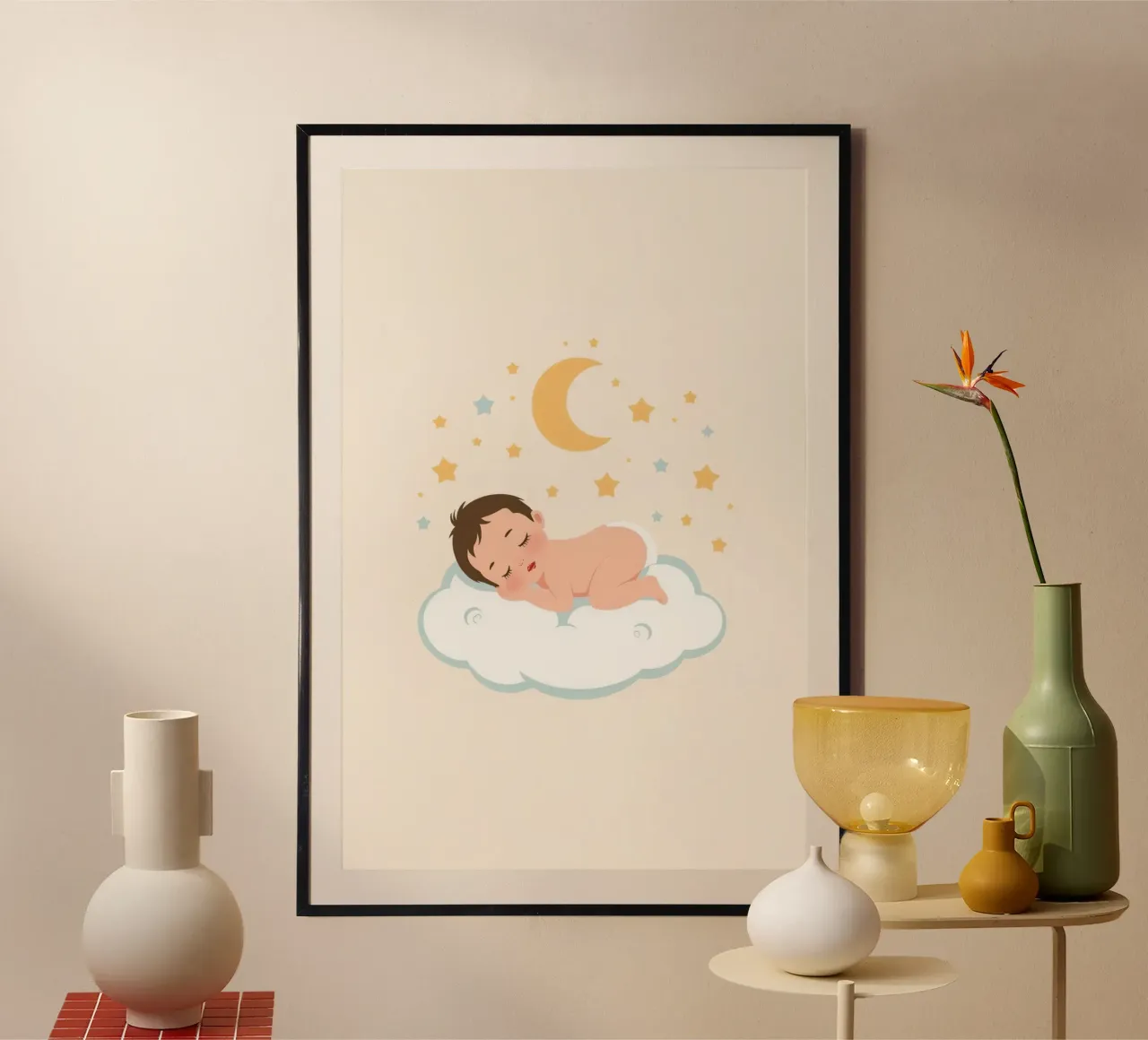Bambino carino che dorme su una nuvola con luna e stelle poster da DesignDoodle