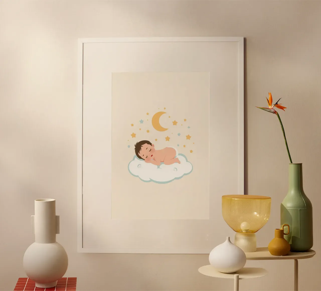Bambino carino che dorme su una nuvola con luna e stelle poster da DesignDoodle