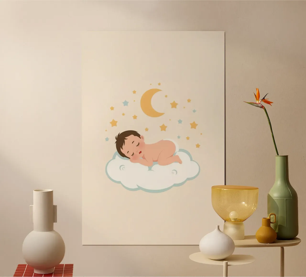 Bambino carino che dorme su una nuvola con luna e stelle poster da DesignDoodle