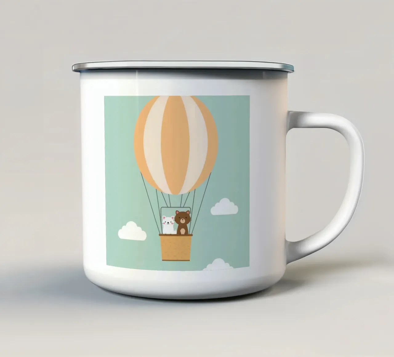 Orso e gatto simpatici e divertenti in mongolfiera tazza in smalto da DesignDoodle