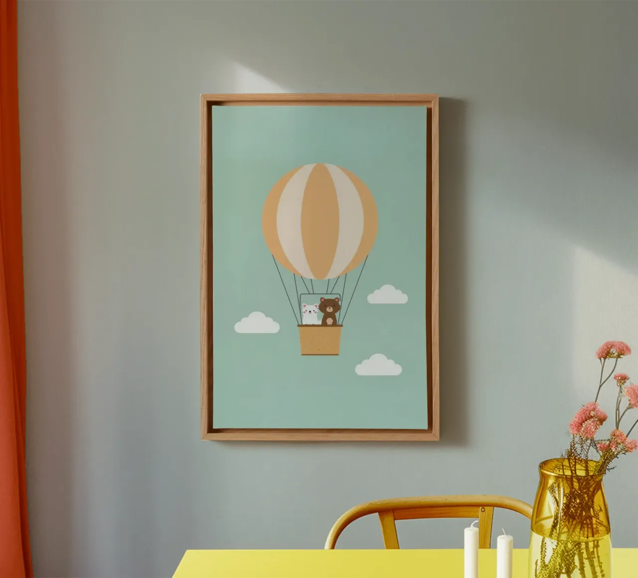 Orso e gatto simpatici e divertenti in mongolfiera tela con Cornice a cassetta da DesignDoodle