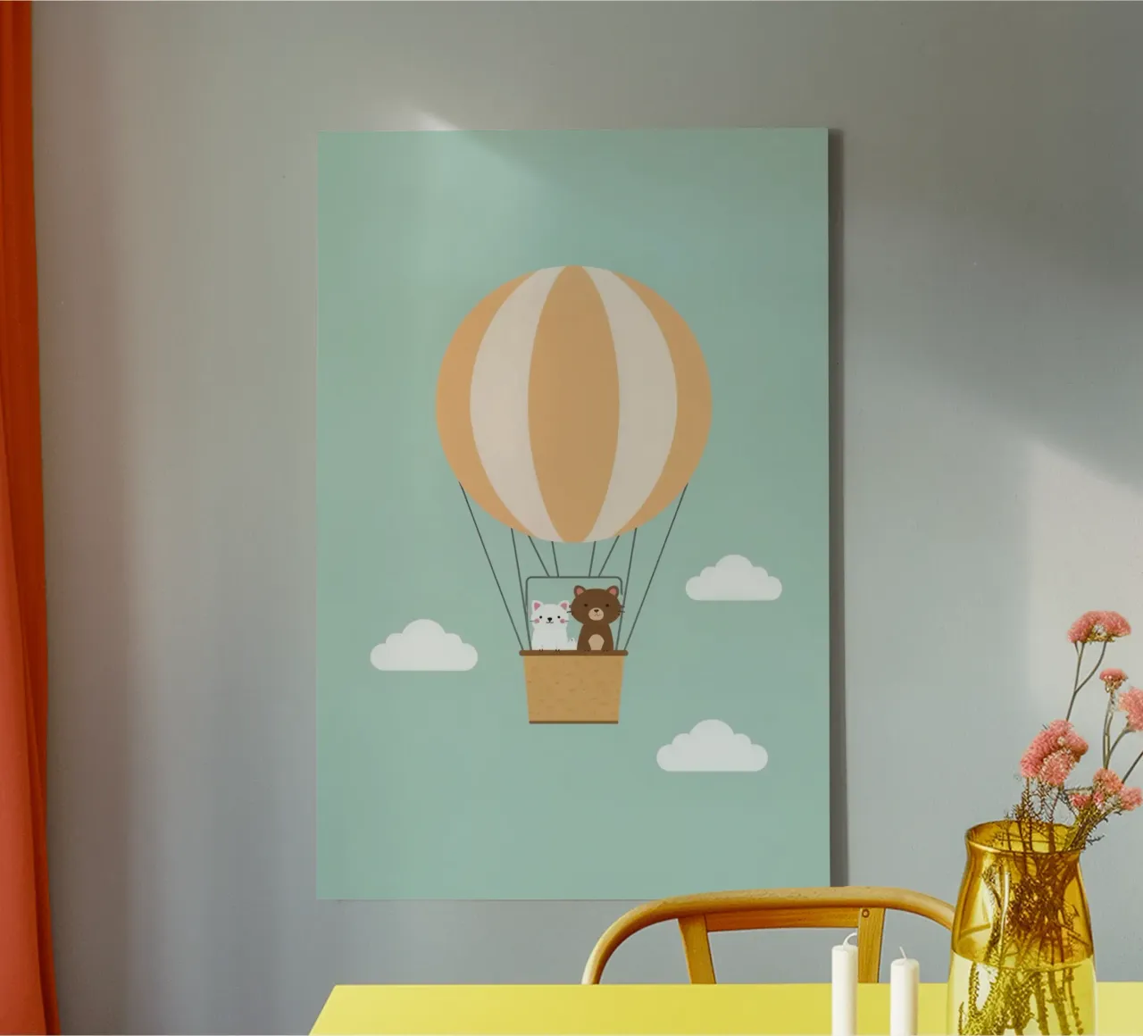 Orso e gatto simpatici e divertenti in mongolfiera tela con Cornice a cassetta da DesignDoodle