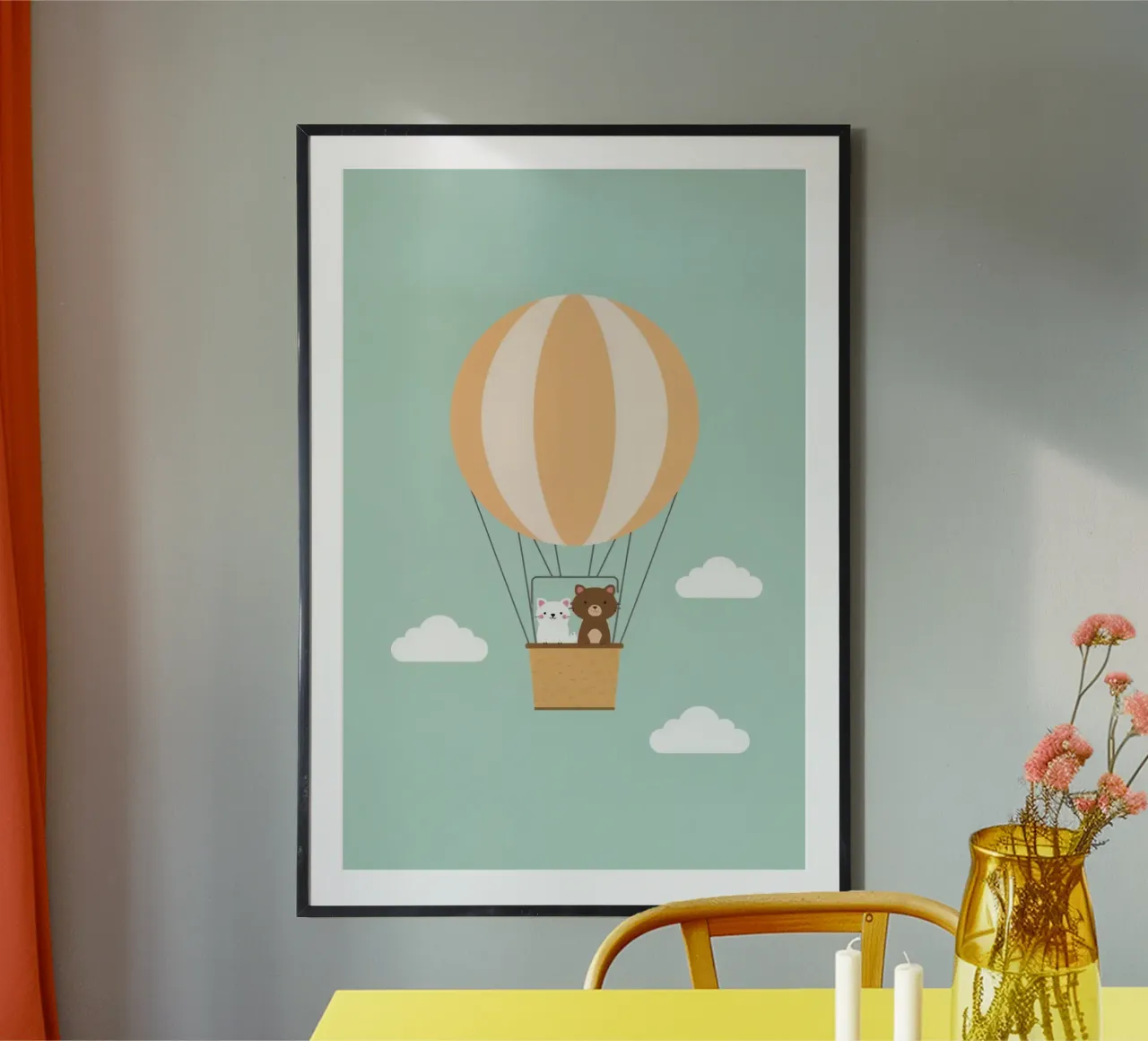 Orso e gatto simpatici e divertenti in mongolfiera poster con telaio in alluminio da DesignDoodle