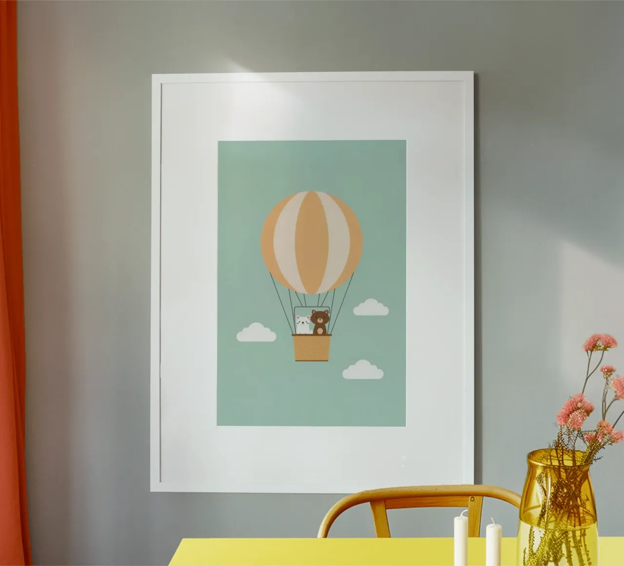 Orso e gatto simpatici e divertenti in mongolfiera poster con telaio in alluminio da DesignDoodle