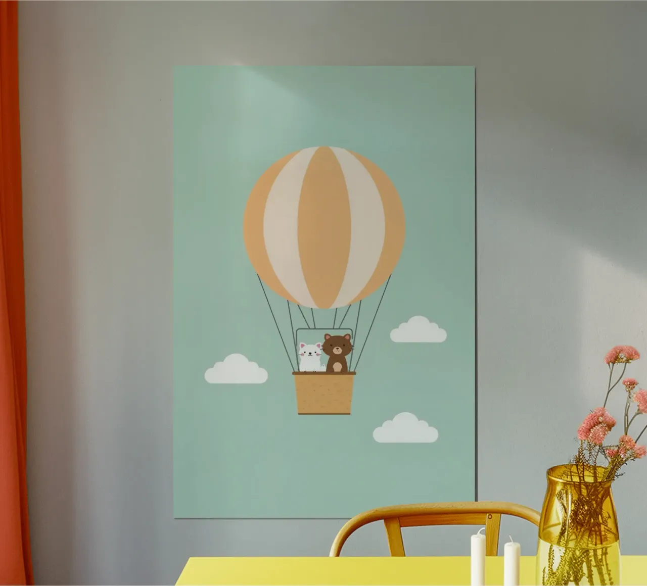 Orso e gatto simpatici e divertenti in mongolfiera poster con telaio in alluminio da DesignDoodle
