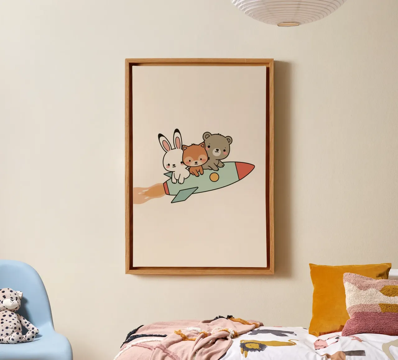 Simpáticos animales de dibujos animados fritos en un cohete lienzo con Marco flotante de DesignDoodle