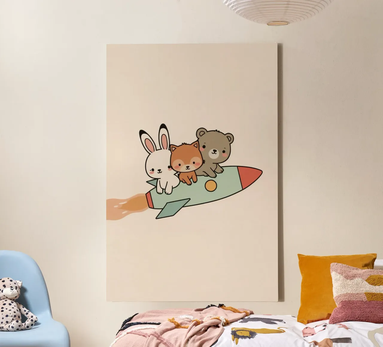 Simpáticos animales de dibujos animados fritos en un cohete lienzo con Marco flotante de DesignDoodle
