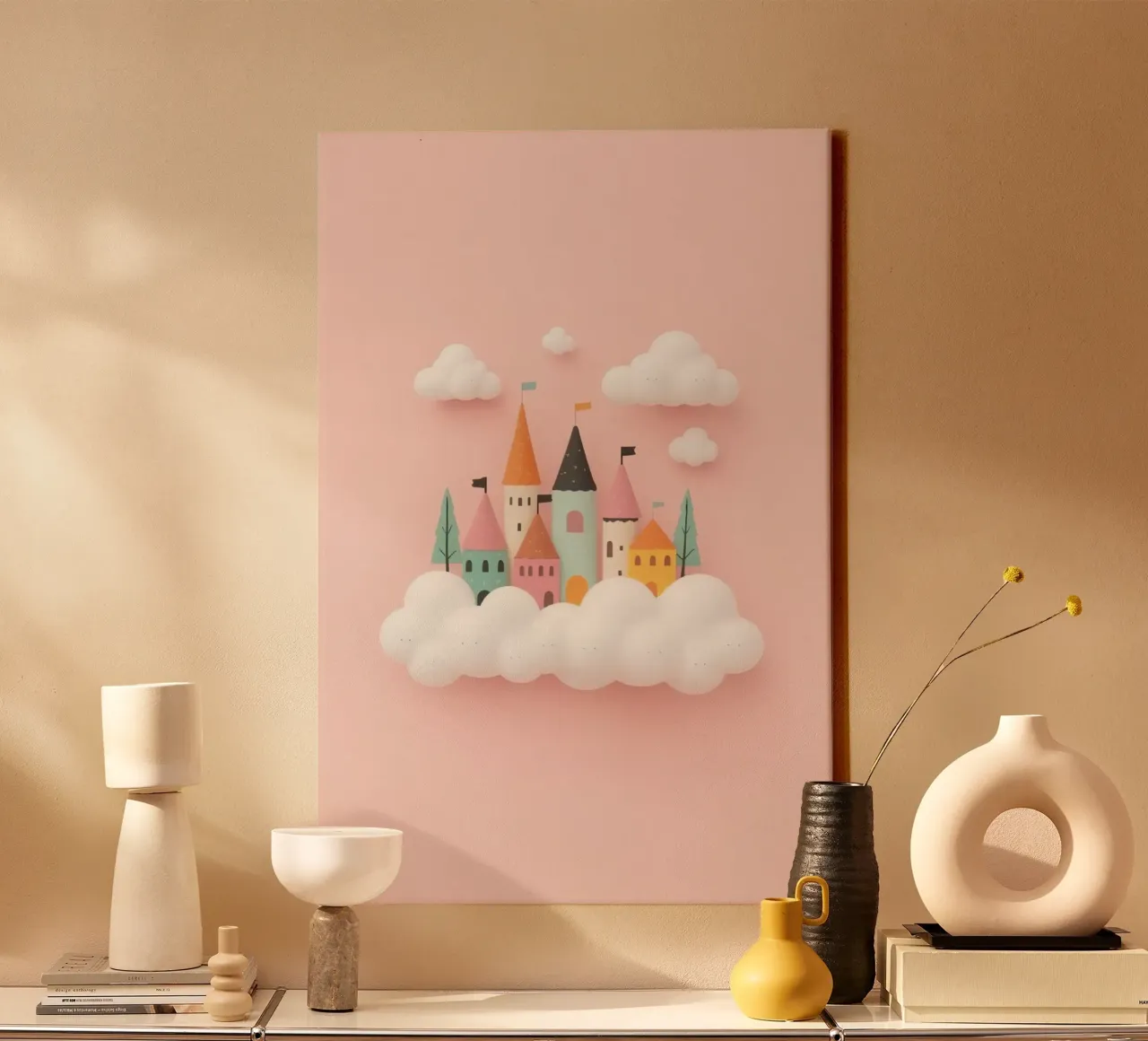 Carino il castello della principessa e le nuvole su sfondo rosa tela con Cornice a cassetta da DesignDoodle