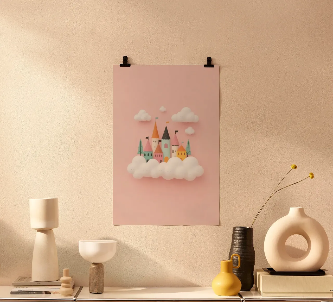 Niedliche Prinzessin Schloss und Wolken auf rosa Hintergrund Poster von DesignDoodle