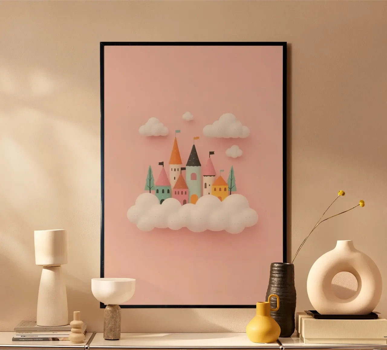 Niedliche Prinzessin Schloss und Wolken auf rosa Hintergrund Poster von DesignDoodle
