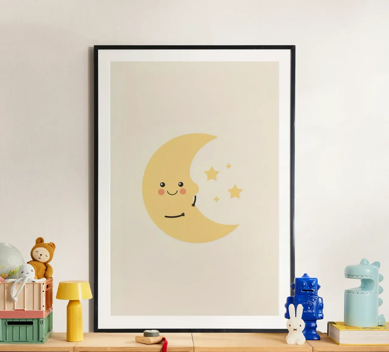 Carina la mezzaluna con le stelle poster con telaio in legno da DesignDoodle