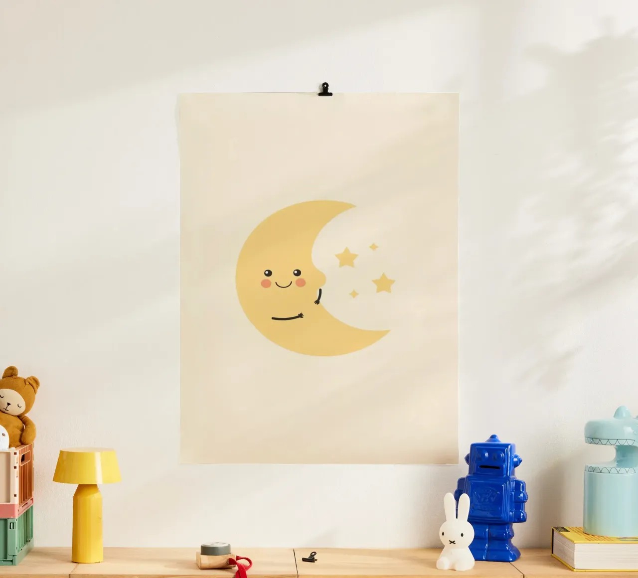 Carina la mezzaluna con le stelle poster con telaio in legno da DesignDoodle