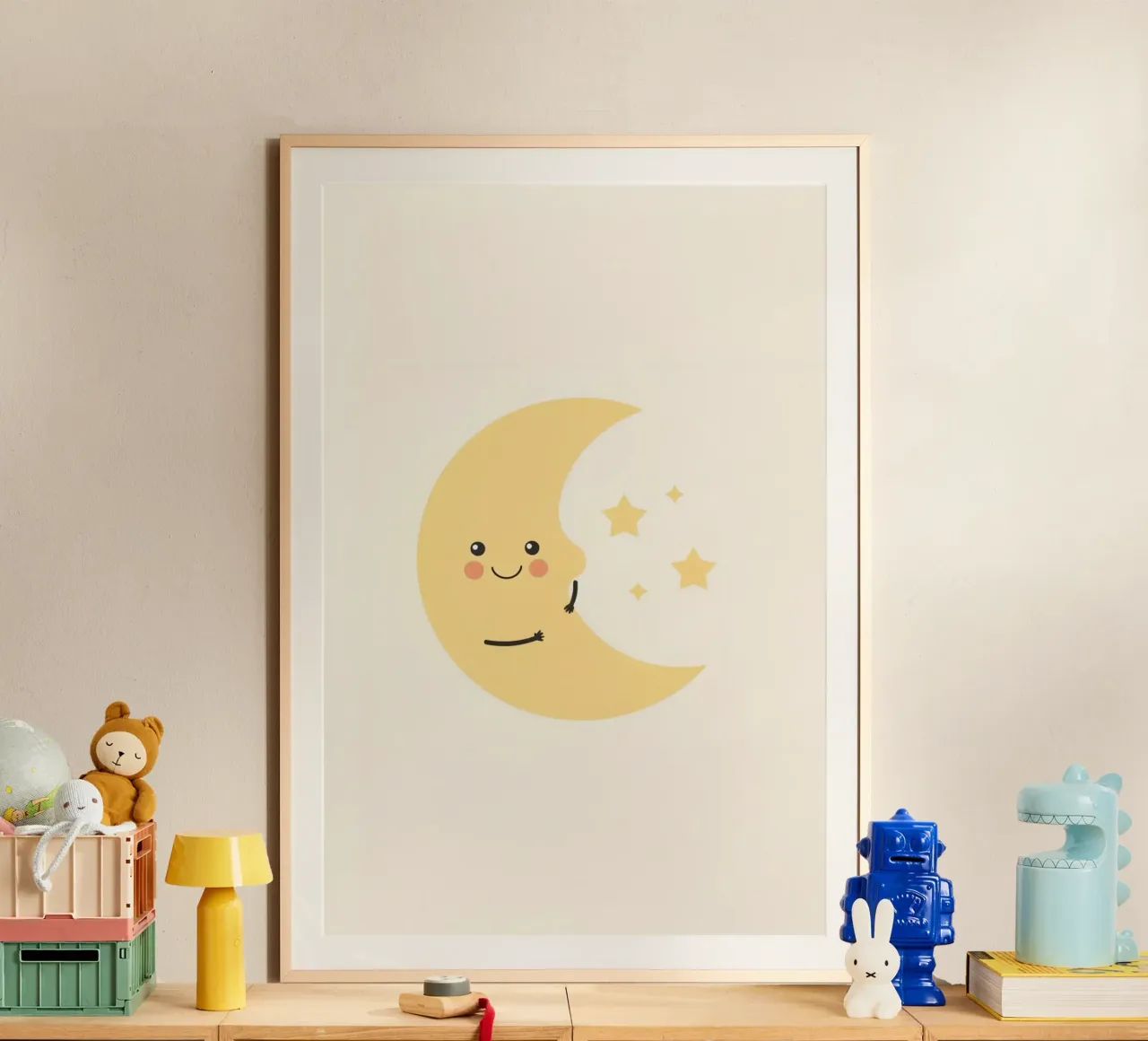 Carina la mezzaluna con le stelle poster con telaio in legno da DesignDoodle