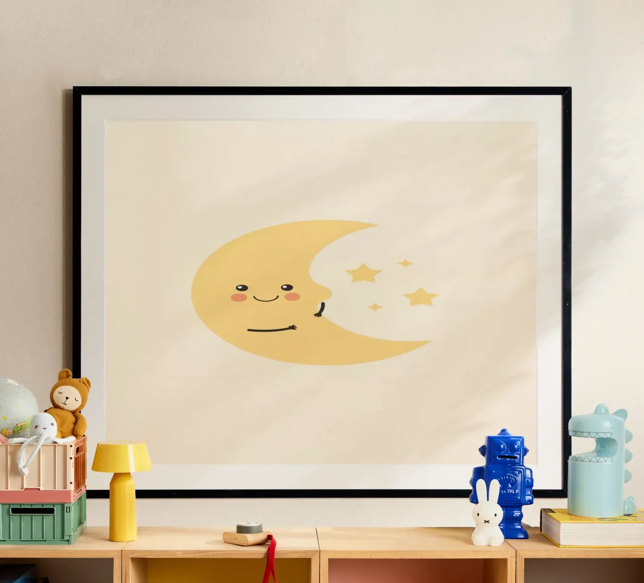 Carina la mezzaluna con le stelle poster con telaio in legno da DesignDoodle