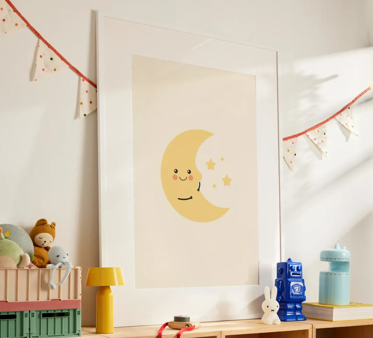 Carina la mezzaluna con le stelle poster con telaio in legno da DesignDoodle