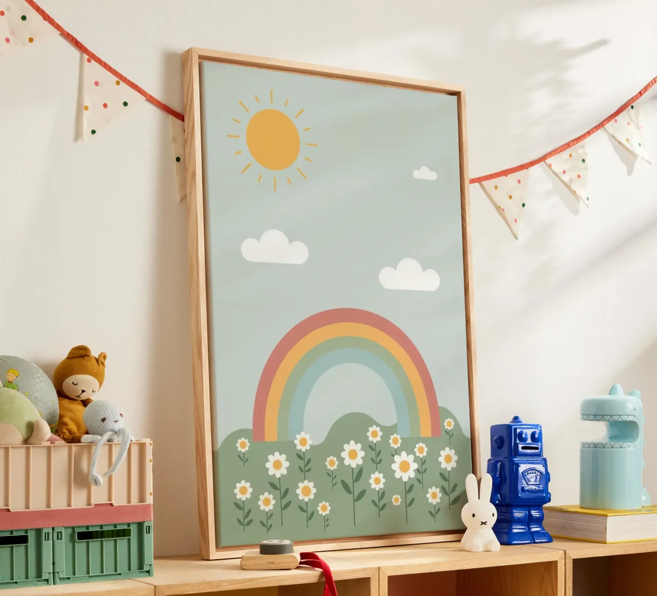 Margherite carine con sole e nuvole arcobaleno tela con Cornice a cassetta da DesignDoodle