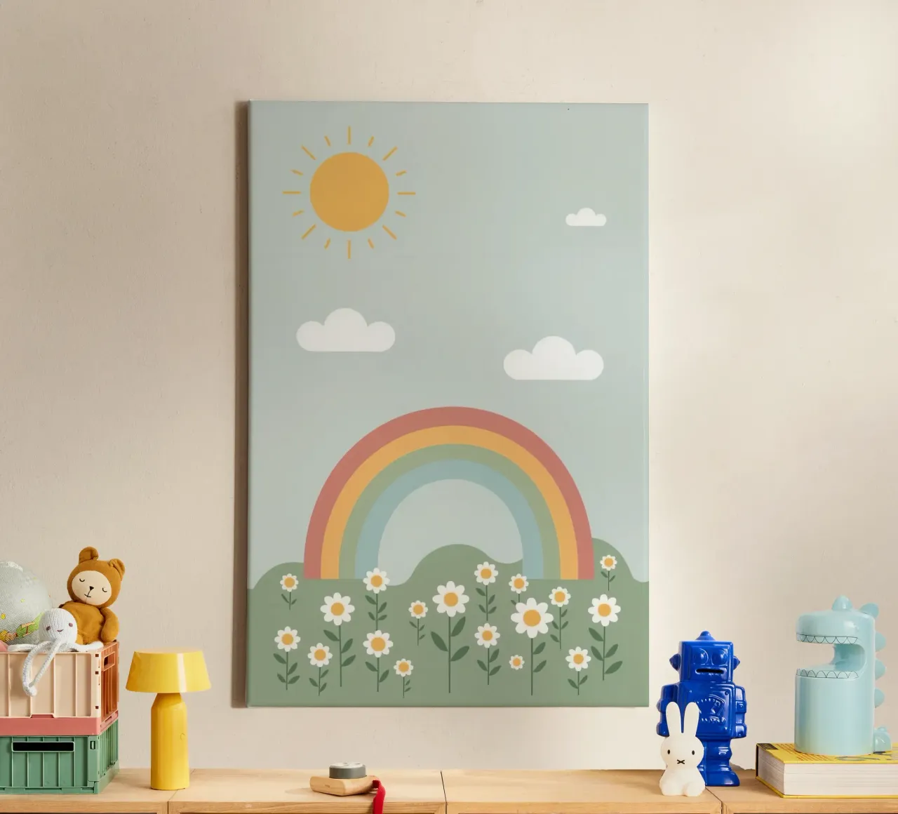 Margherite carine con sole e nuvole arcobaleno tela con Cornice a cassetta da DesignDoodle