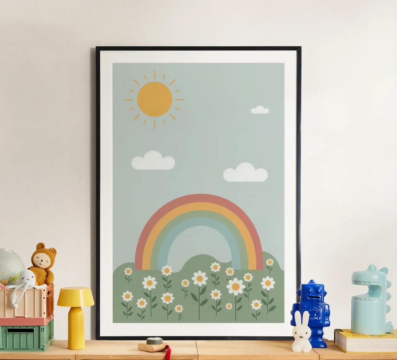 Margherite carine con sole e nuvole arcobaleno poster con telaio in alluminio da DesignDoodle