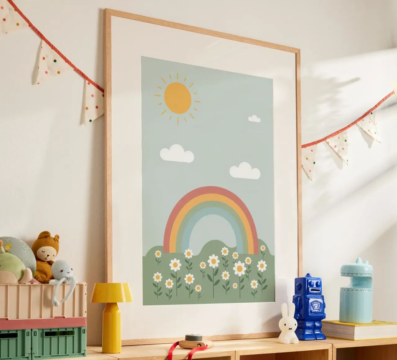 Margherite carine con sole e nuvole arcobaleno poster con telaio in alluminio da DesignDoodle
