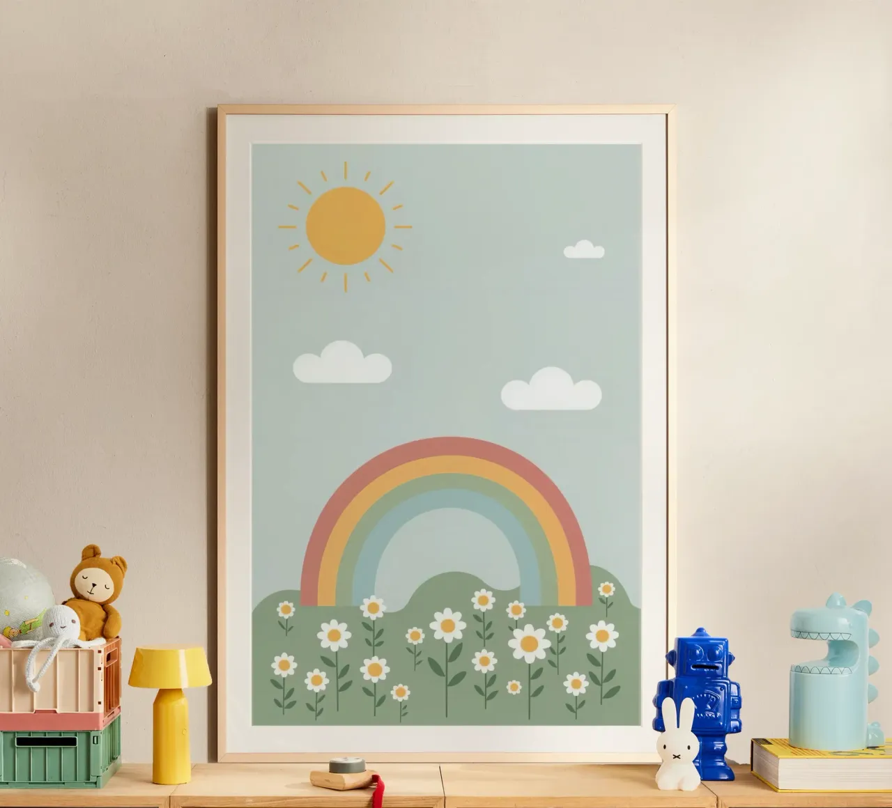 Margherite carine con sole e nuvole arcobaleno poster con telaio in alluminio da DesignDoodle