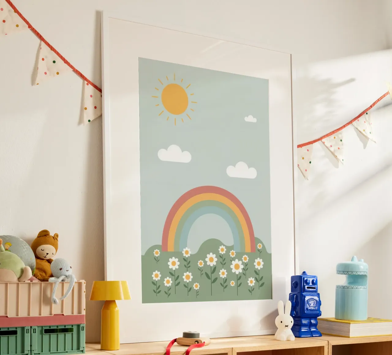 Margherite carine con sole e nuvole arcobaleno poster con telaio in alluminio da DesignDoodle