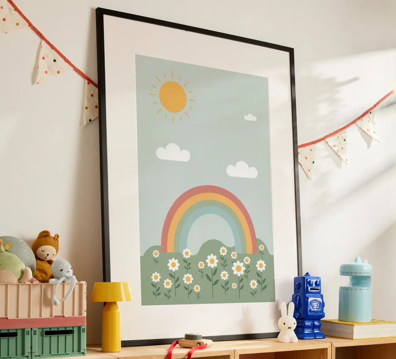Margherite carine con sole e nuvole arcobaleno poster con telaio in alluminio da DesignDoodle