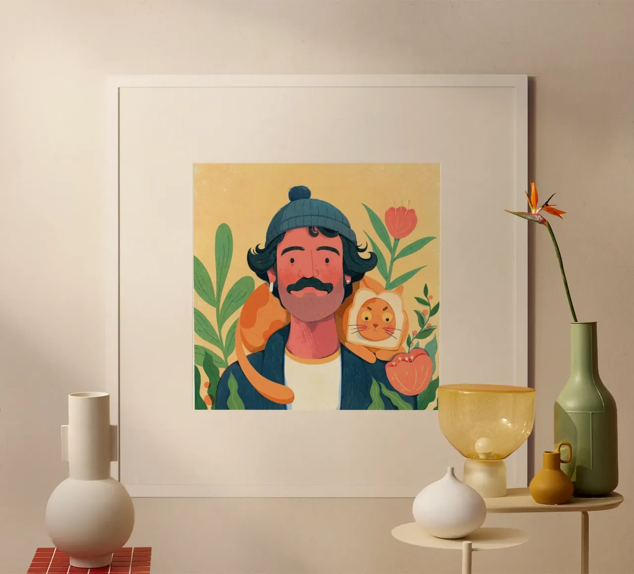 man with pet in shoulder poster con telaio in alluminio da vicgaler