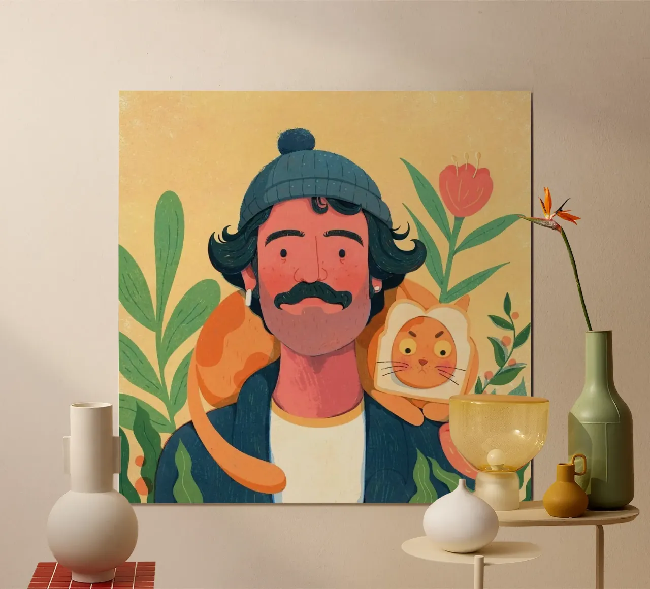 man with pet in shoulder poster con telaio in alluminio da vicgaler