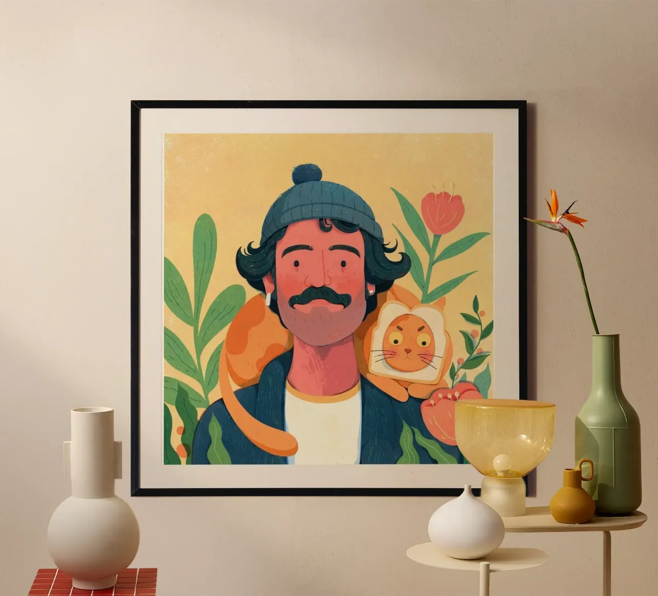 man with pet in shoulder poster con telaio in alluminio da vicgaler