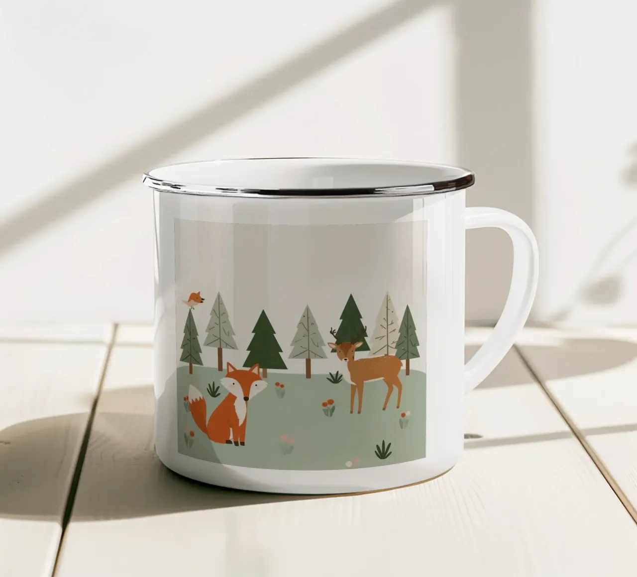 Accogliente volpe, cervo, uccello e alberi tazza in smalto da DesignDoodle