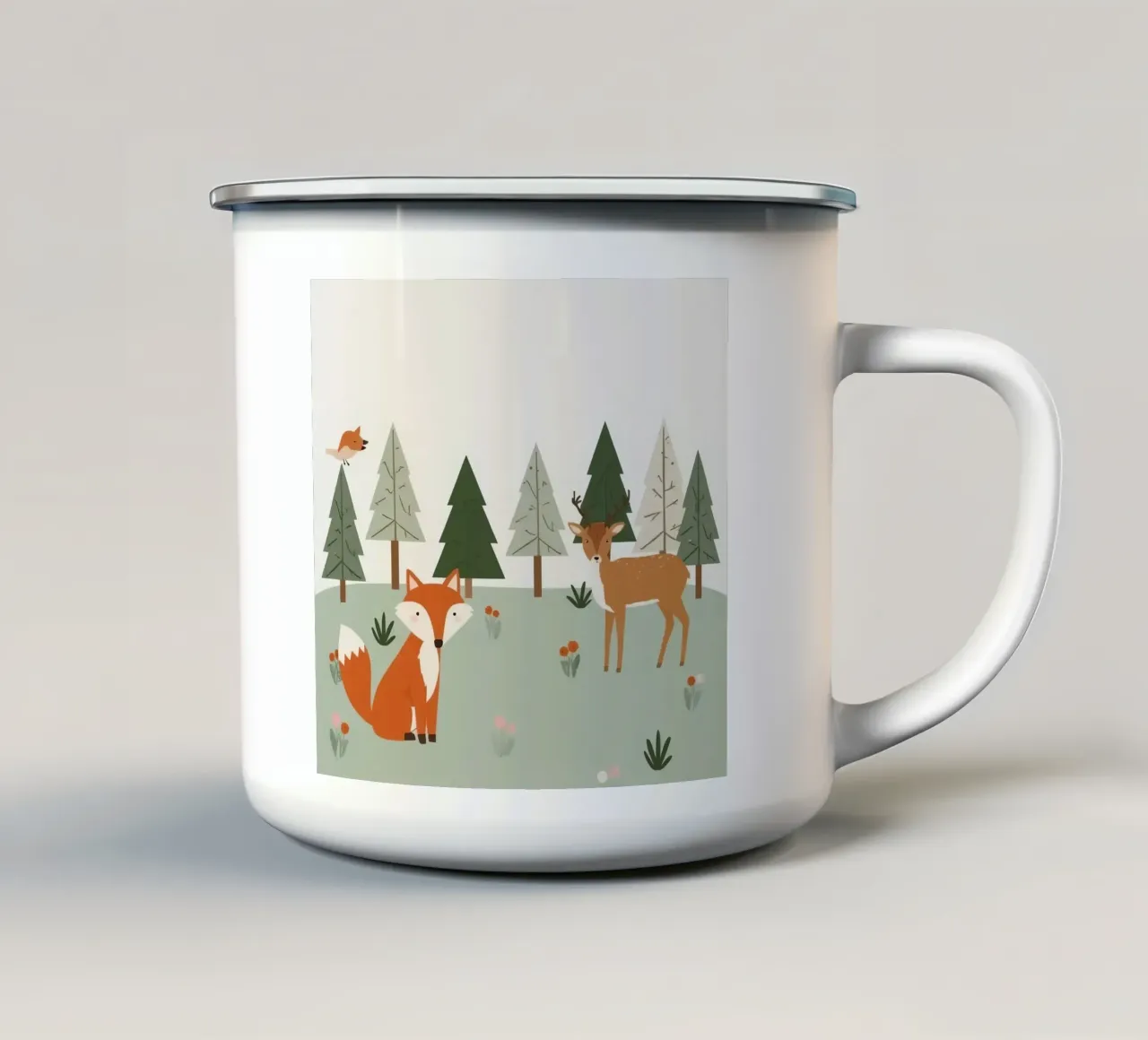 Accogliente volpe, cervo, uccello e alberi tazza in smalto da DesignDoodle