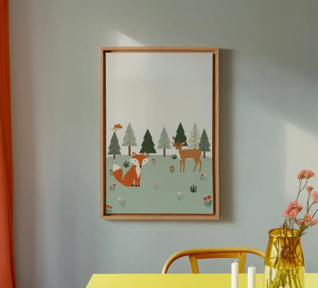 Gezellige vos, hert, vogel en bomen canvas met Baklijst van DesignDoodle