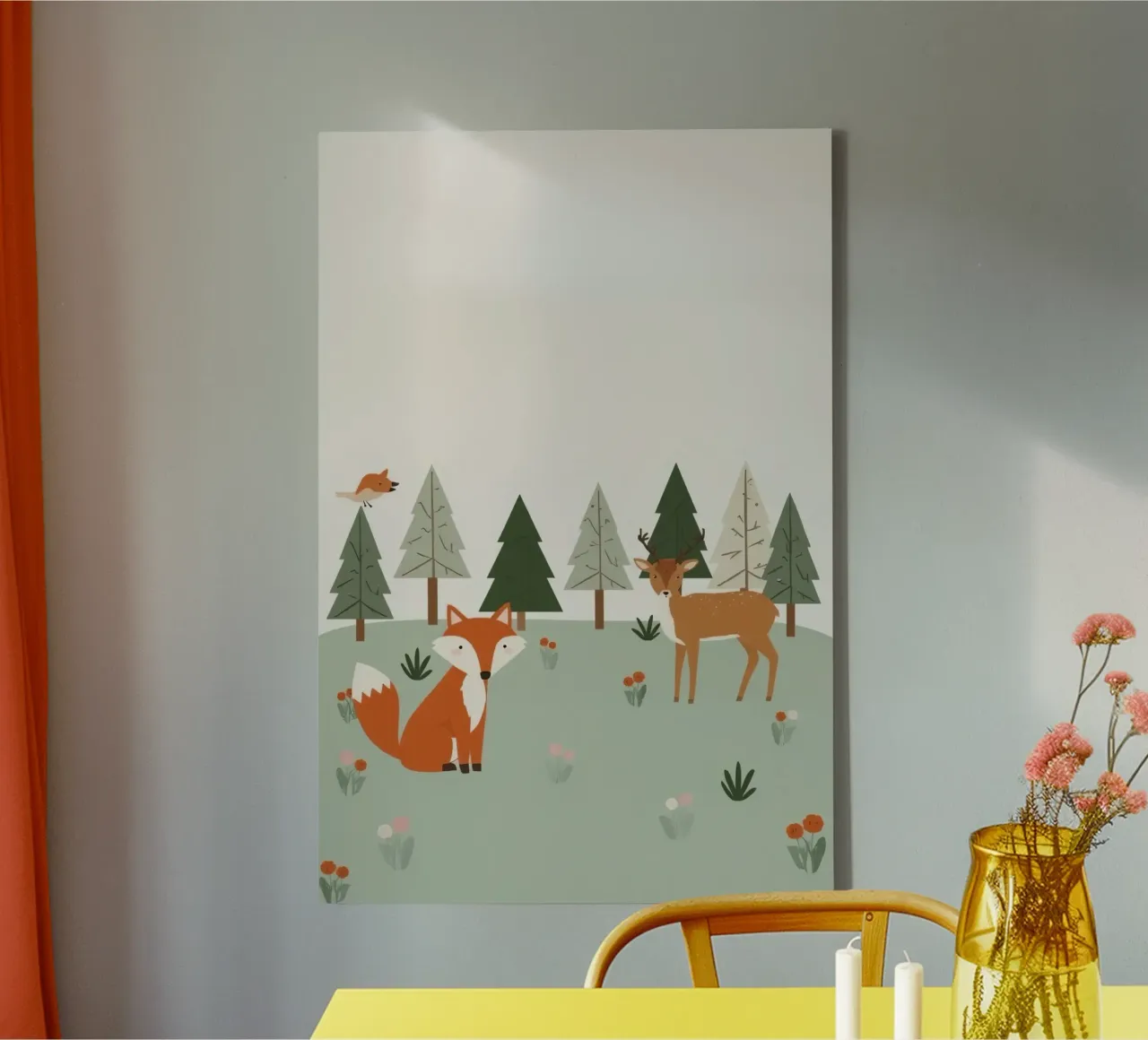 Gezellige vos, hert, vogel en bomen canvas met Baklijst van DesignDoodle