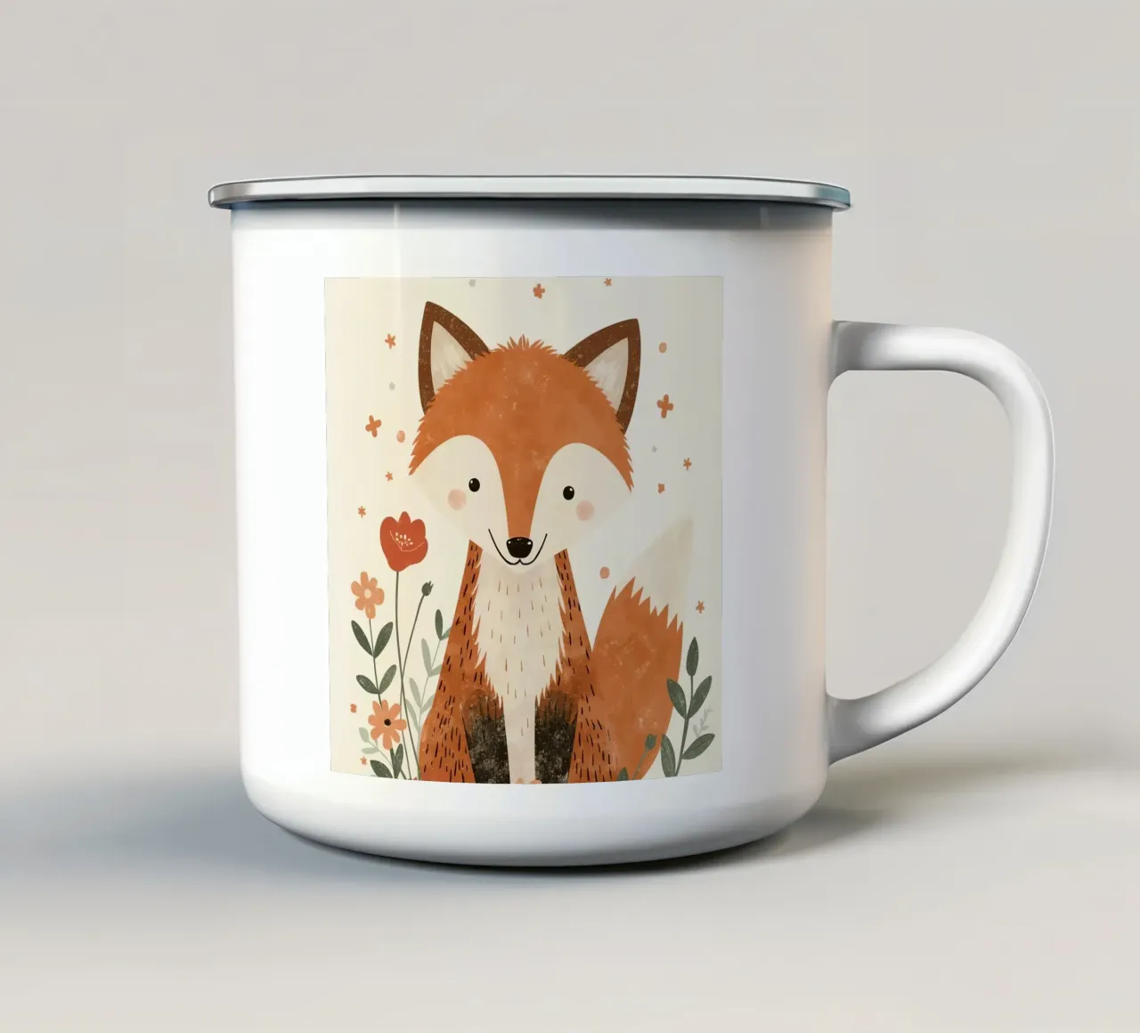 Volpe con fiori su sfondo beige tazza in smalto da DesignDoodle