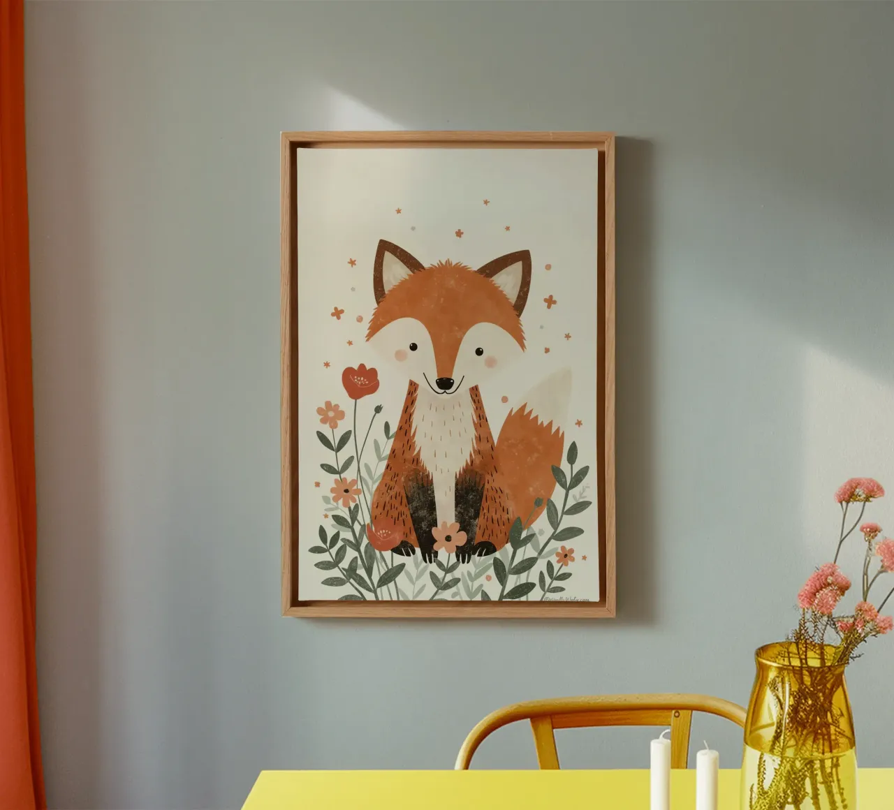 Fuchs mit Blumen auf beigem Hintergrund Leinwand mit Schattenfugenrahmen von DesignDoodle