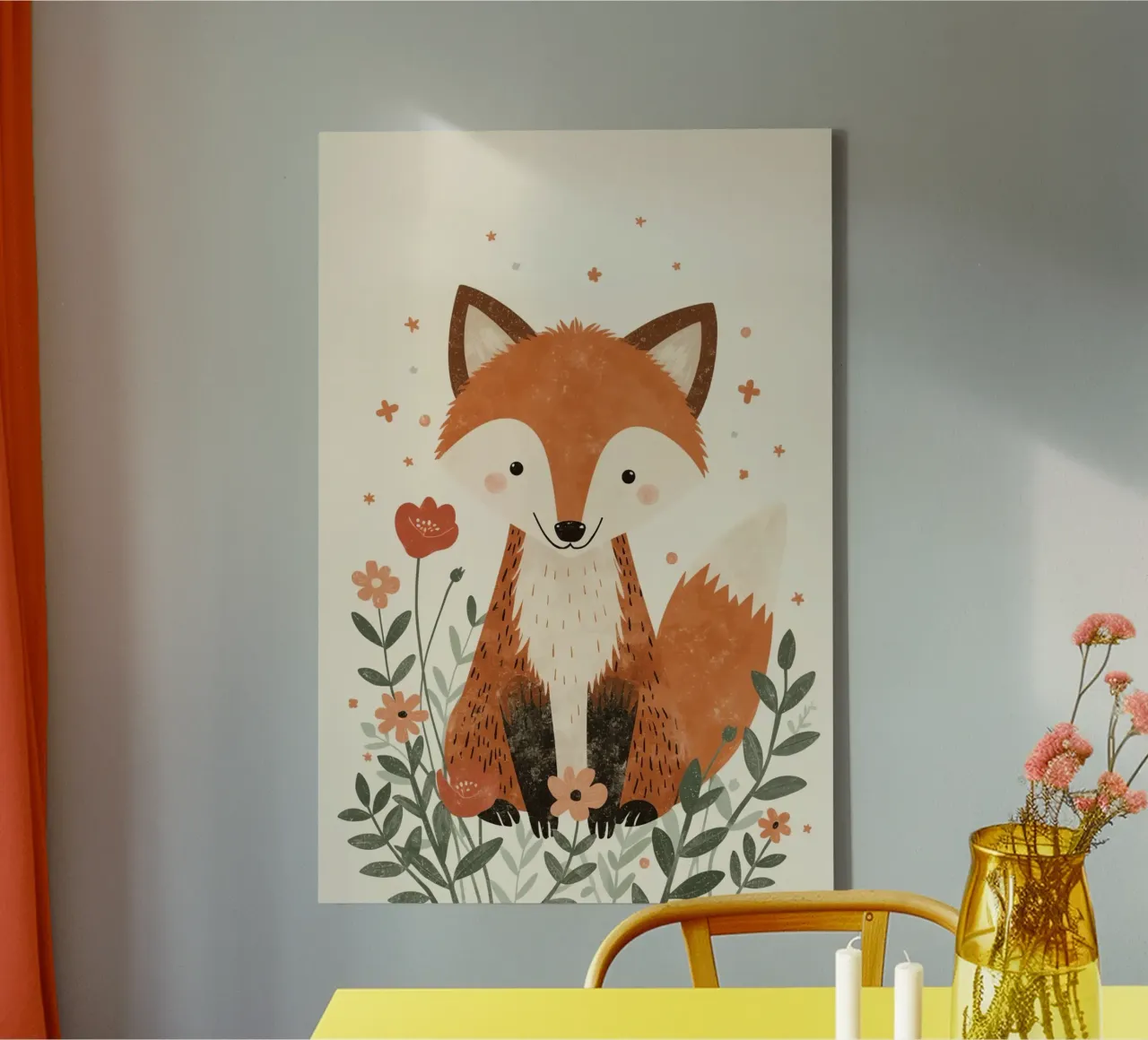 Fuchs mit Blumen auf beigem Hintergrund Leinwand mit Schattenfugenrahmen von DesignDoodle