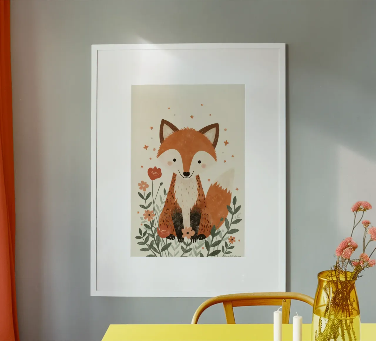 Fox with Flowers on Beige Background poster by DesignDoodle