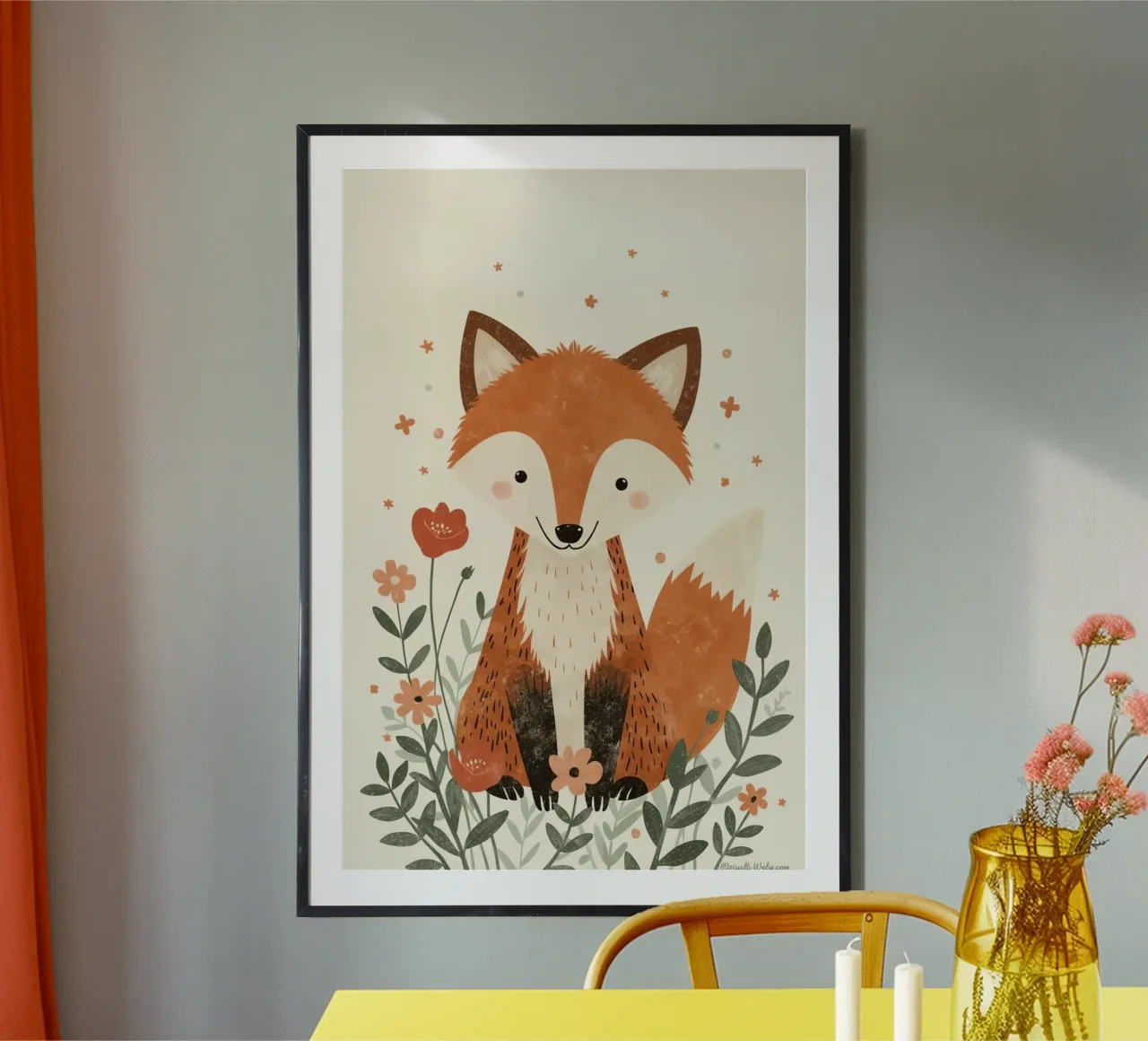 Fox with Flowers on Beige Background poster by DesignDoodle