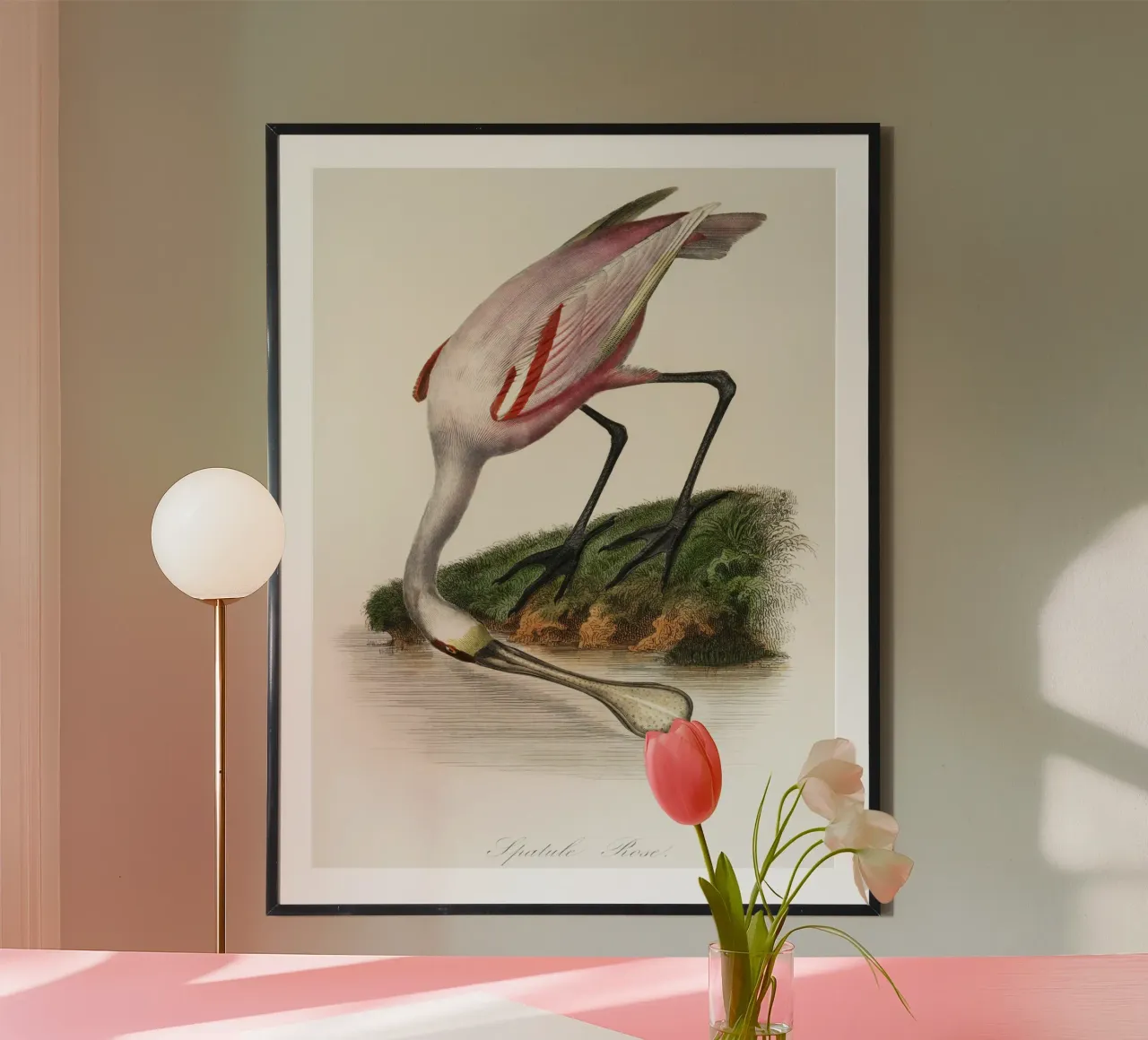 a roseate spoonbill by the water poster con telaio in alluminio da vintageshop