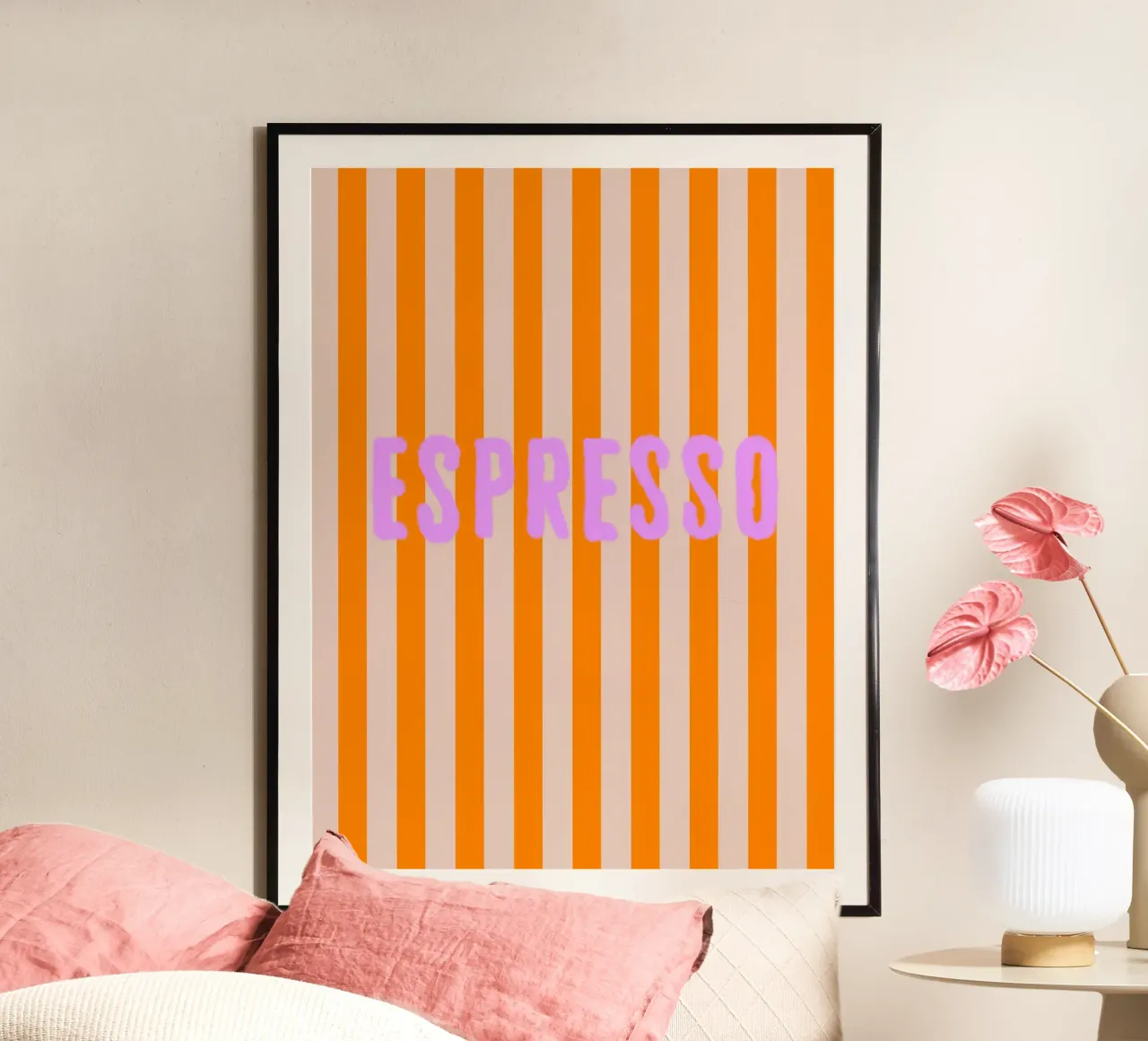 Espresso su strisce arancioni poster con telaio in alluminio da Alisa Knöß