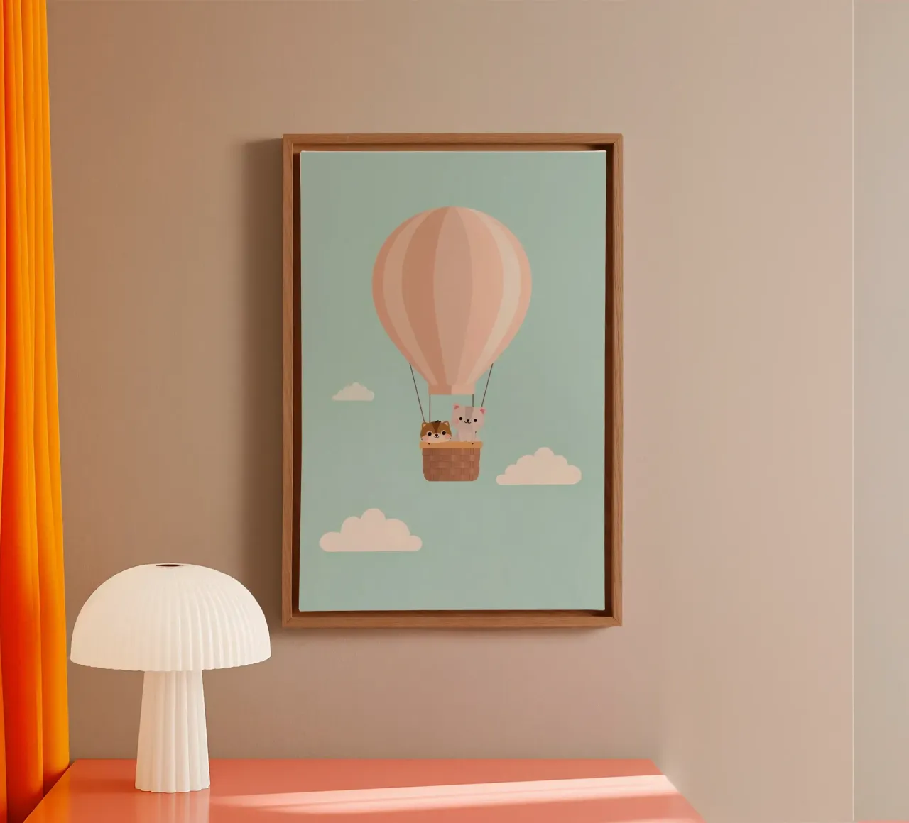 Gatos monos en una cesta de globo aerostático lienzo con Marco flotante de DesignDoodle