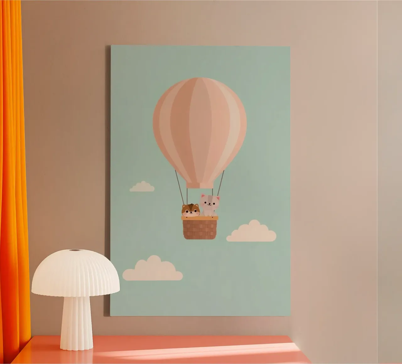 Gatos monos en una cesta de globo aerostático lienzo con Marco flotante de DesignDoodle