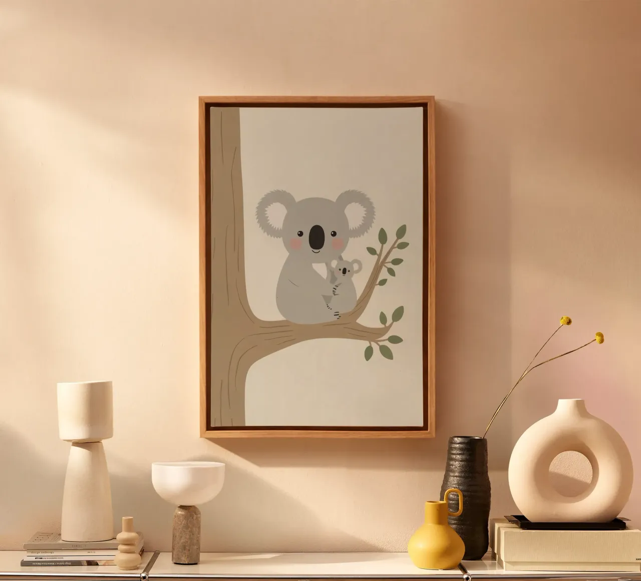 Madre e figlio di Koala felici che si abbracciano su un ramo tela con Cornice a cassetta da DesignDoodle