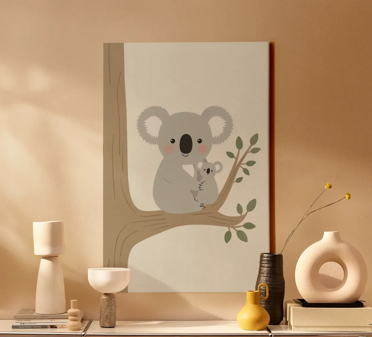 Madre e figlio di Koala felici che si abbracciano su un ramo tela con Cornice a cassetta da DesignDoodle